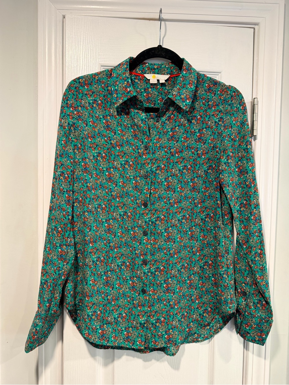 Boden Size 6 Green Floral Button Front Silk Shirt Blouse Green Ditsy Print